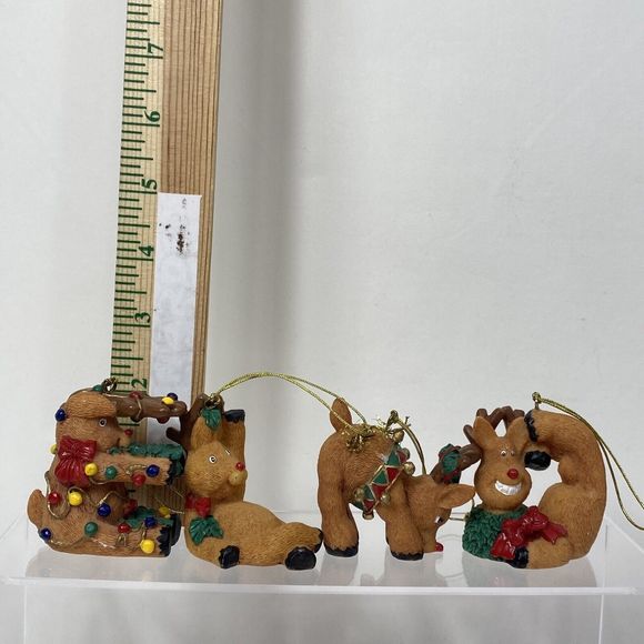 Reindeer Christmas Ornaments Lot Of 4 Silly Pose Animal Red Nosed Resin Decor - Picture 2 of 9